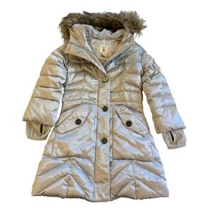 Lands' End Girl’s Silver Down Coat with Faux Fur Trim